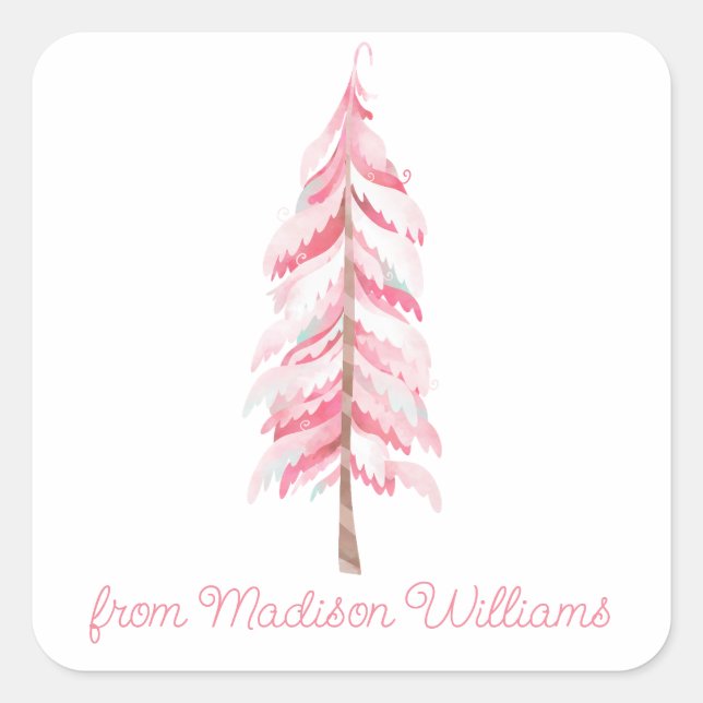 Wasserfarbe Rosa Weihnachtsbaum Geschenkklammer Quadratischer Aufkleber (Vorderseite)