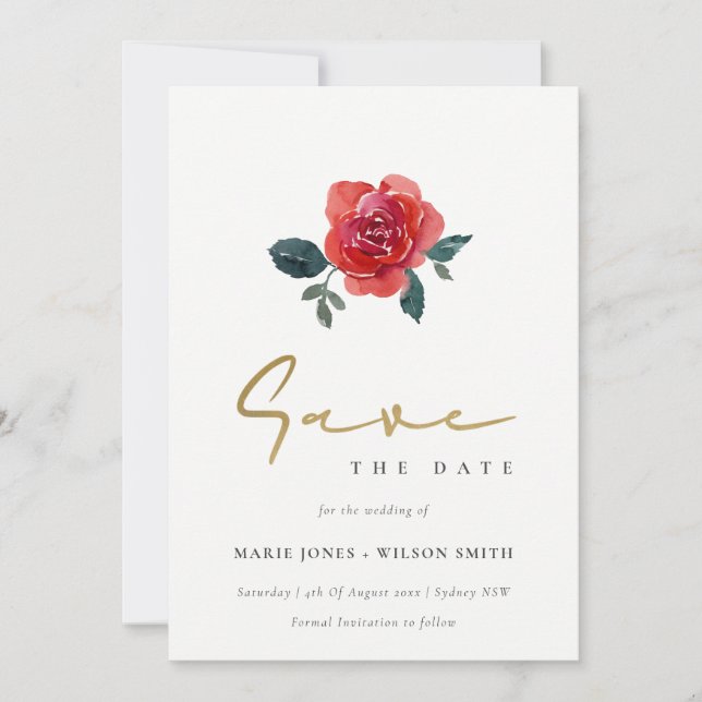 WASSERFARBE ROT GRÜNE ROSE FLORAL SAVE THE DATE EINLADUNG (Vorderseite)