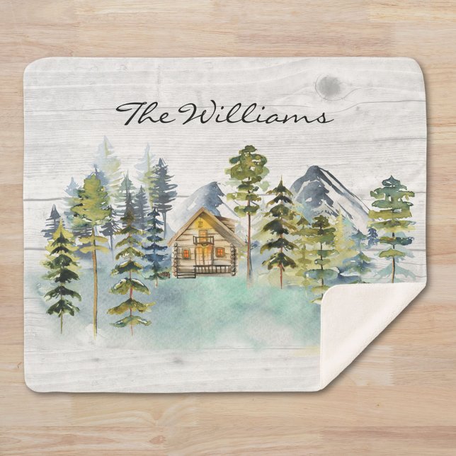 Wasserfarbe Rustikale Foggy Forest Mountain Kabine Sherpadecke (Close up)