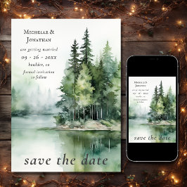 Wasserfarbe Rustikale Hochzeit des Wald-Sees Save The Date