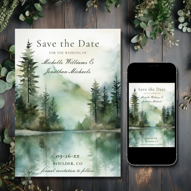 Wasserfarbe Rustikale Hochzeit im Bergsee Save The Date (Printed and Digital - Watercolor Rustic Mountain Lake Forest Wedding Save The Date)