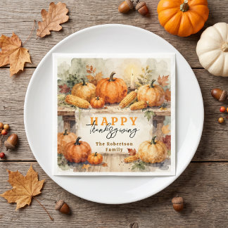 Wasserfarbe Rustikale Kürbis-Familien-Thanksgiving Serviette