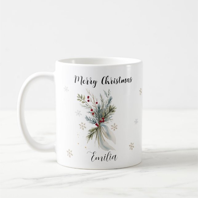 Wasserfarbe Rustikale Pine Floral Frohe Weihnachts Kaffeetasse (Links)