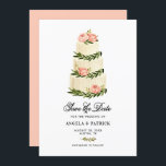 Wasserfarbe Rustikaler gestufter Kuchen Save The Date<br><div class="desc">Wasserfarbe Rustikale gestufte Kuchen Ankündigung Datum freihalten. Feiern Sie mit dieser individuell anpassbaren,  Save the Date flachen Karte mit Aquarellbildern von dreistufigen Kuchen mit Peonies und Blattakzenten. Ideal für Hochzeiten im Frühjahr und Herbst.</div>
