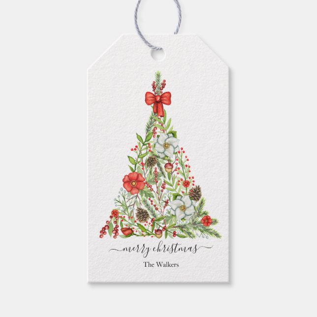 Wasserfarbe Rustikaler Weihnachtsbaum Personalisie Geschenkanhänger (Vorderseite)
