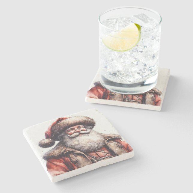Wasserfarbe Rustikaler Weihnachtsmann Steinuntersetzer (Seitenansicht)