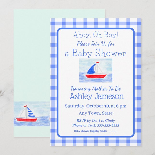 Wasserfarbe Sailboat Blue Karo Babydusche Einladung (Vorne/Hinten)