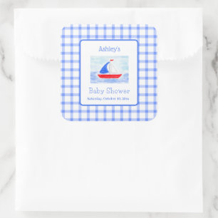 Wasserfarbe Sailboat Blue Karo Babydusche Quadratischer Aufkleber
