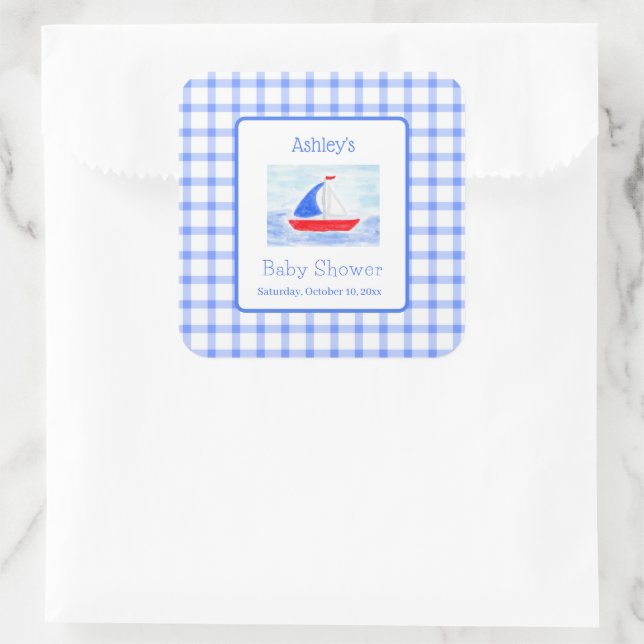 Wasserfarbe Sailboat Blue Karo Babydusche Quadratischer Aufkleber (Tasche)