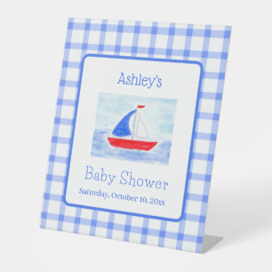 Wasserfarbe Sailboat Blue Karo Babydusche Sockelschild