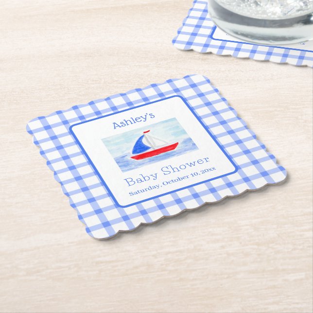 Wasserfarbe Sailboat Blue Karo Babydusche Untersetzer (angewinkelt)