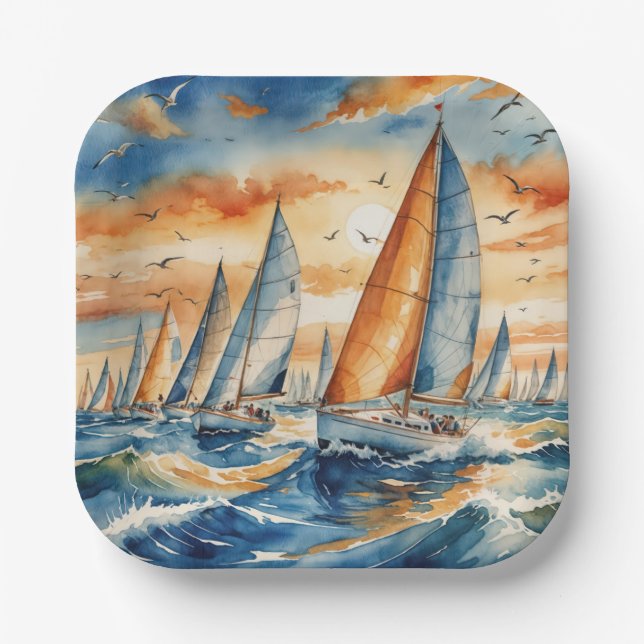 Wasserfarbe Sailboat Regatta Pappteller (Vorderseite)