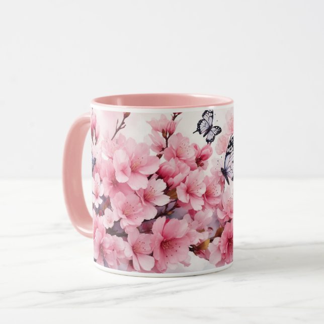 Wasserfarbe Sakura Kirsche Blossom Schmetterlinge  Tasse (Vorderseite Links)