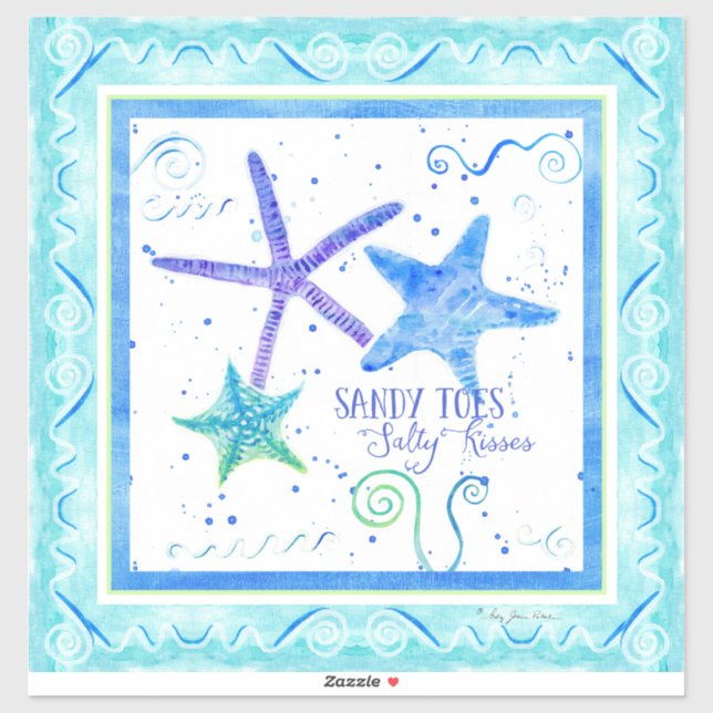 Wasserfarbe Sandy Toes Salty Kisses Beach Starfish Aufkleber (Blatt)