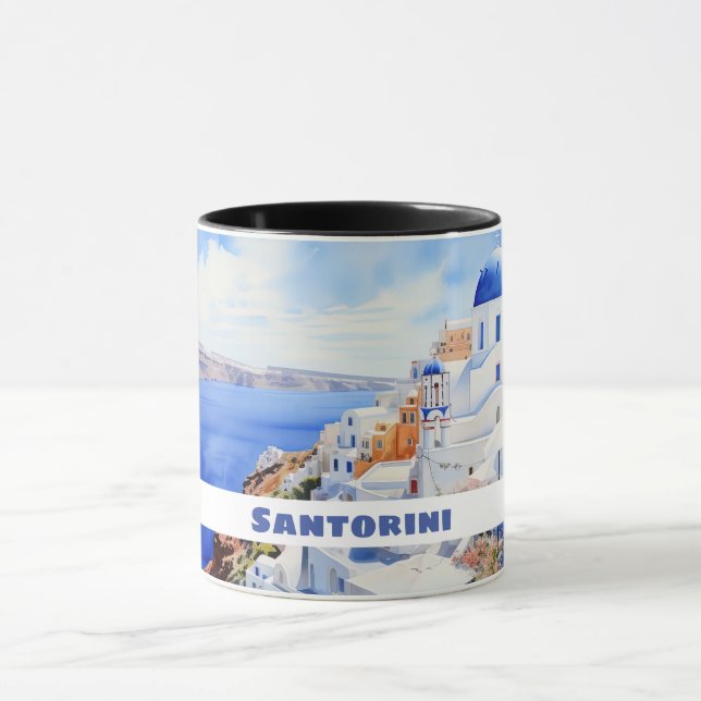 Wasserfarbe Santorini Oia Tasse (Zentrum)