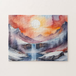 Wasserfarbe schneebedeckte Berge bei Sonnenunterga