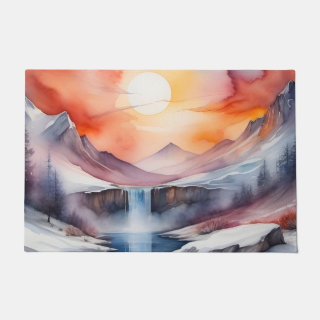 Wasserfarbe schneebedeckte Berge bei Sonnenunterga Fußmatte (Vorderseite)