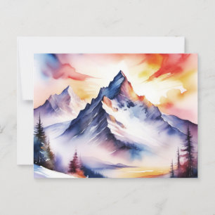 Wasserfarbe schneebedeckte Berge unter rotem Himme Postkarte