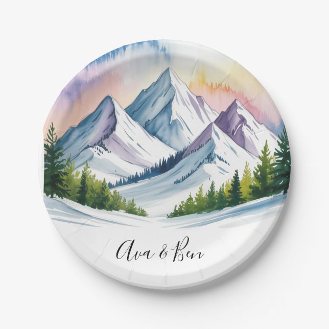 Wasserfarbe Schneeberg Landschaft Hochzeit Pappteller (Vorderseite)