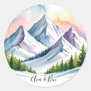 Wasserfarbe Schneeberg Landschaft Hochzeit Runder Aufkleber