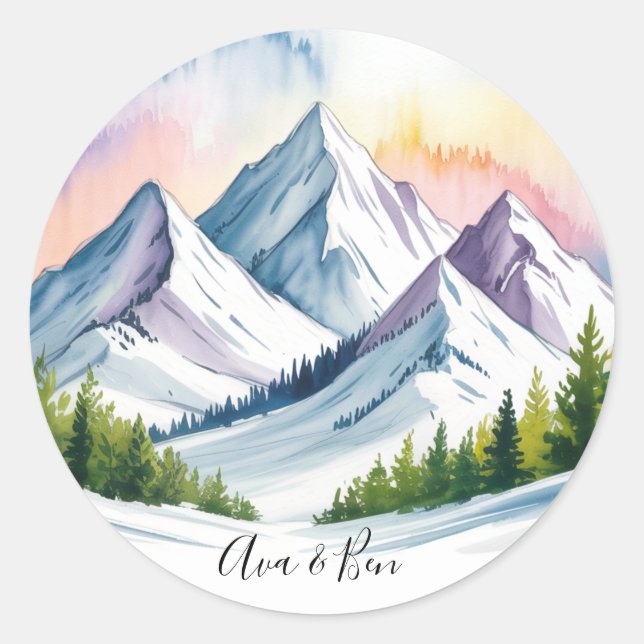Wasserfarbe Schneeberg Landschaft Hochzeit Runder Aufkleber (Vorderseite)