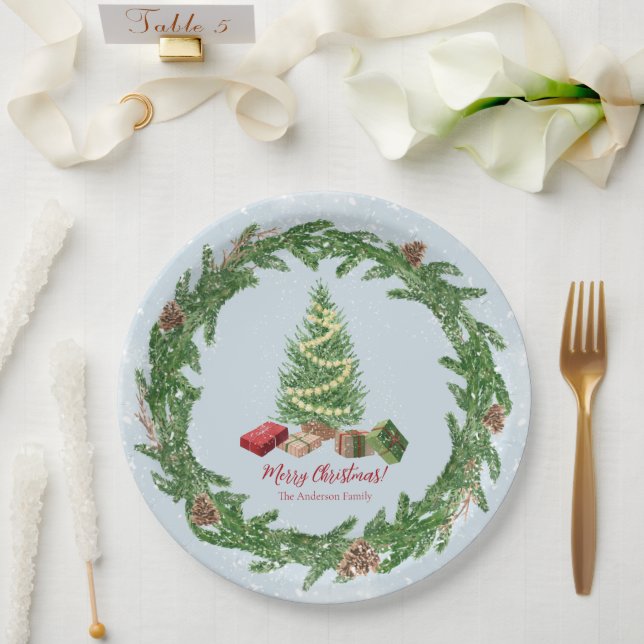 Wasserfarbe Schneeweihnachtsbaum und Geschenke Pappteller (Hochzeit)