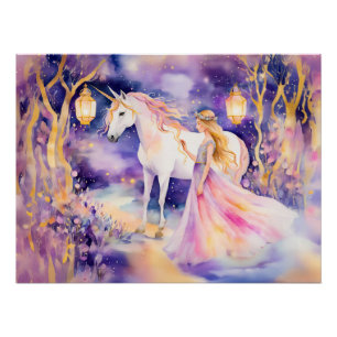 Wasserfarbe Schöne Prinzessin und Einhorn Poster