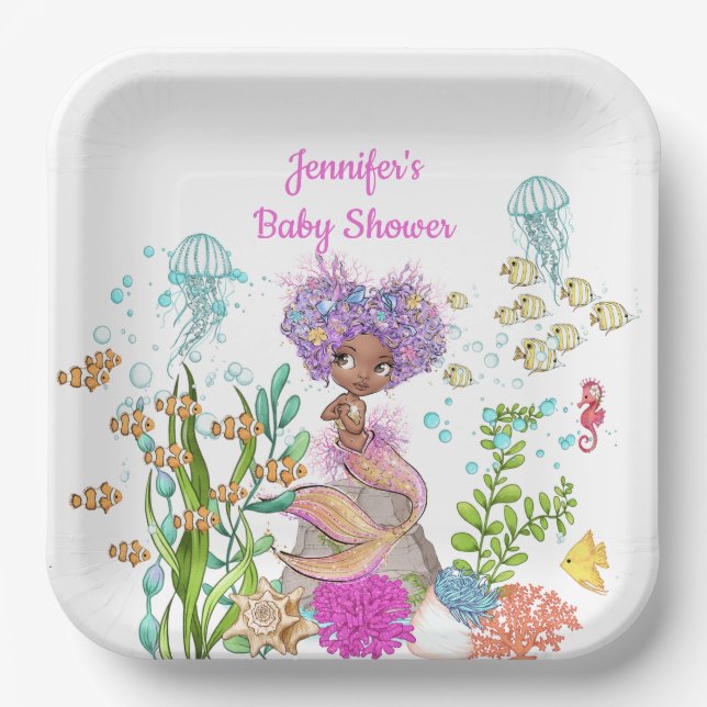Wasserfarbe Schönes Brown Kleine Meerjungfrau Gebu Pappteller (Vorderseite)