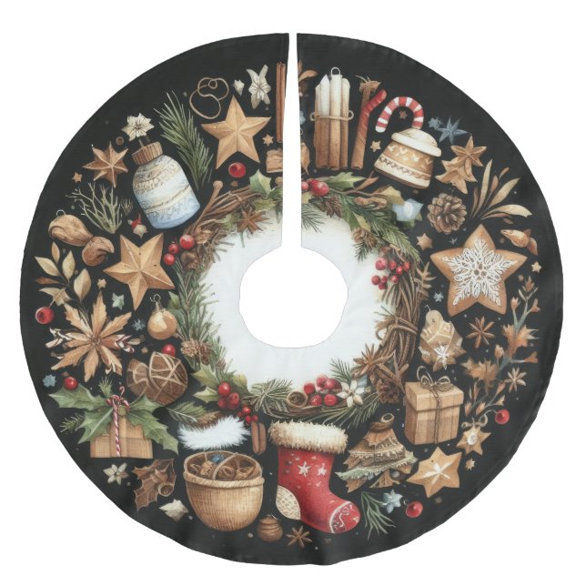 Wasserfarbe Schwarz Rustikale Weihnachtsmotive Url Polyester Weihnachtsbaumdecke (Vorderseite)