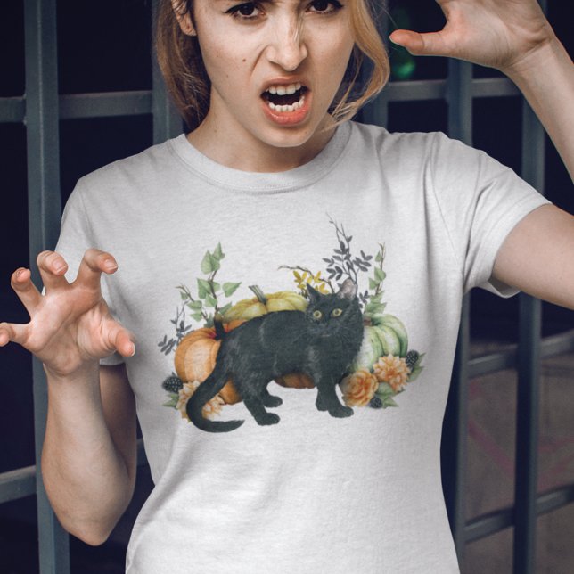 Wasserfarbe Schwarze Katze Kürbis Halloween T-Shirt (Von Creator hochgeladen)