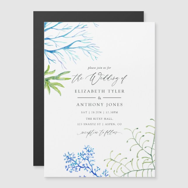 Wasserfarbe Seealgen Strand Hochzeit Magneteinladung (Vorne/Hinten)