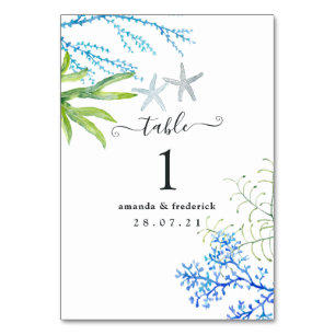 Wasserfarbe Seealgen Strand Hochzeit Tischnummer