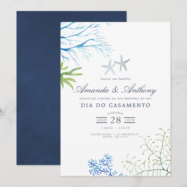 Wasserfarbe Seetang Strand Hochzeitsempfang Einladung (Vorne/Hinten)