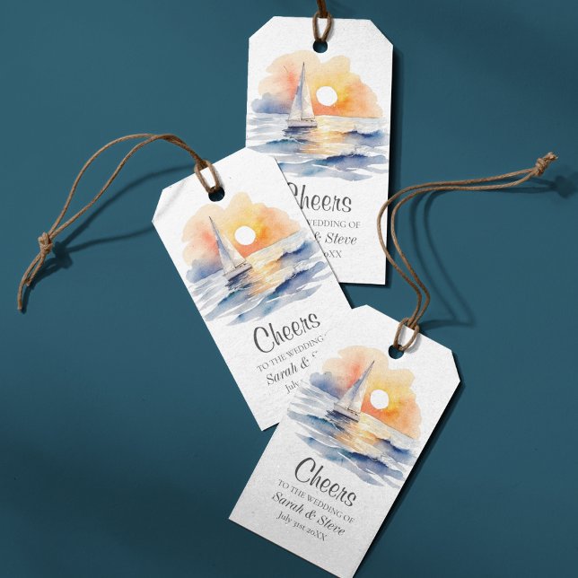 Wasserfarbe Segelboot Sonnenuntergang Seascape Hoc Geschenkanhänger (Nautical Sailing Sunset Coastal Wedding Favor Tags)