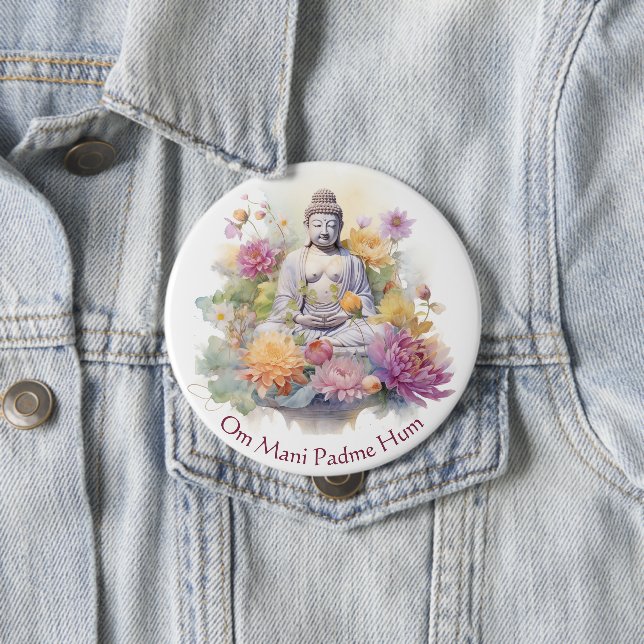 Wasserfarbe Serene Buddha Rosa Gelbe Blumen Kunst, Button (Beispiel)