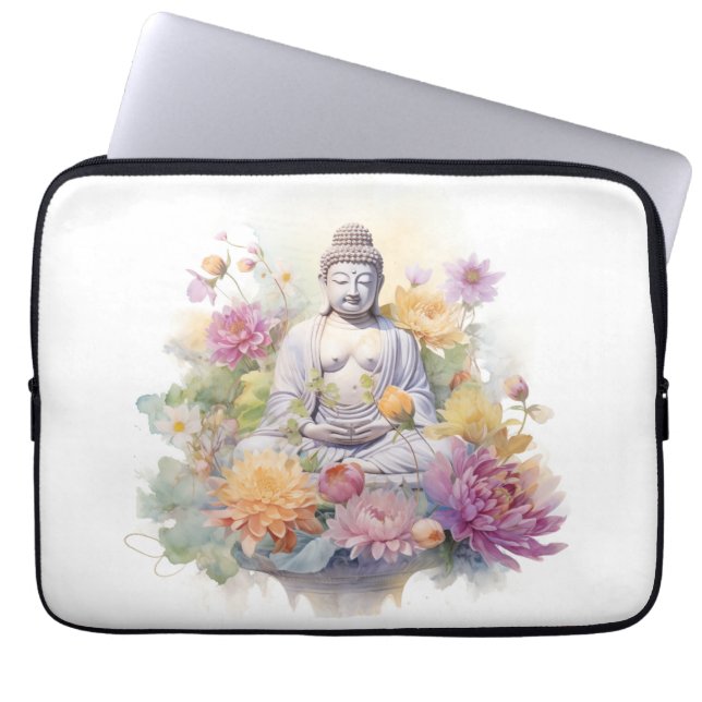 Wasserfarbe Serene Buddha Rosa Gelbe Blumen Kunst, Laptopschutzhülle (Vorderseite)