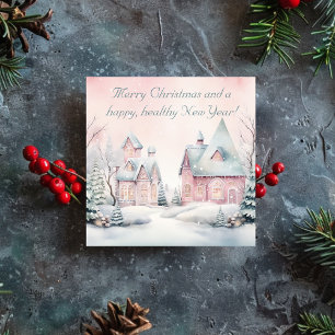 Wasserfarbe Shabby Pink Snowy Village Feiertagskarte