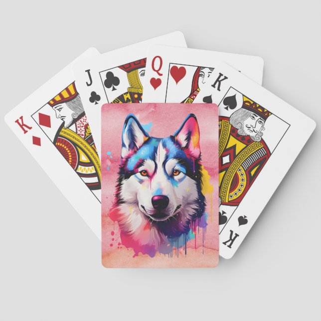 Wasserfarbe Sibirische Husky Farben Kunst Spielkarten (Rückseite)