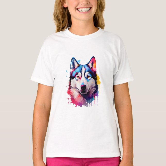 Wasserfarbe Sibirische Husky Farben Kunst T-Shirt (Vorderseite)