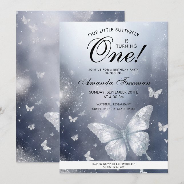 Wasserfarbe Silber Glitzer Schmetterling 1. Geburt Einladung (Vorne/Hinten)