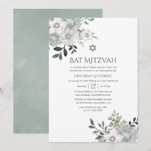 Wasserfarbe Silber Sage Floral Bat Mitzvah Einladung