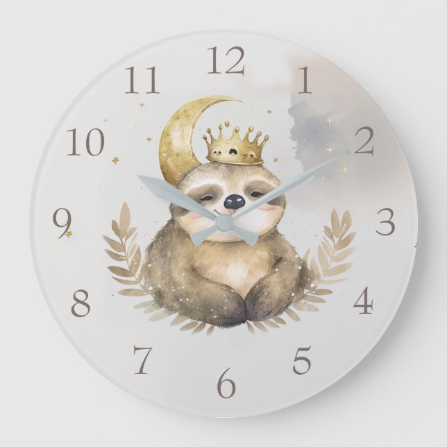 Wasserfarbe Sloth Moon Crown Große Wanduhr (Vorderseite)