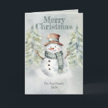 Wasserfarbe Snowman Frohe Weihnachtskarte Feiertagskarte<br><div class="desc">Mit dieser niedlichen Aquarell-Grußkarte von 5" x 7" Schneemann verteilen Sie sich ein paar Feiertagsstimmung! An der Vorderseite befindet sich ein Schneemann mit wasserfarbenen Bäumen und kann mit Ihrem Namen oder Familiennamen und dem Datum individuell gestaltet werden. Sie können auch das Innere mit Ihrer eigenen Urlaubsbotschaft oder Gruß personalisieren. Es...</div>