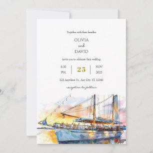 Wasserfarbe Soft Sunset Sky Sailboat Beach Hochzei Einladung