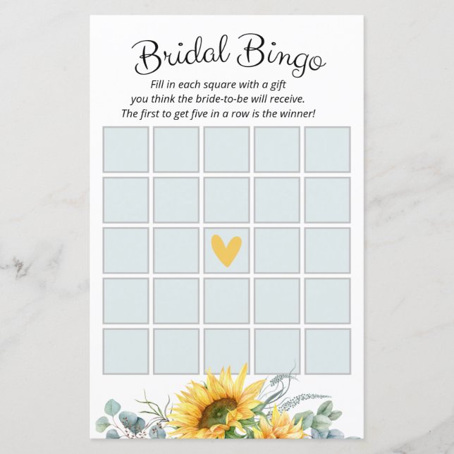 Wasserfarbe Sonnenblumen Brautparty Bingo Spiel (Vorderseite)