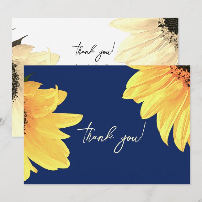Wasserfarbe Sonnenblumen dunkelblaue Hochzeit Dankeskarte (Vorne/Hinten)