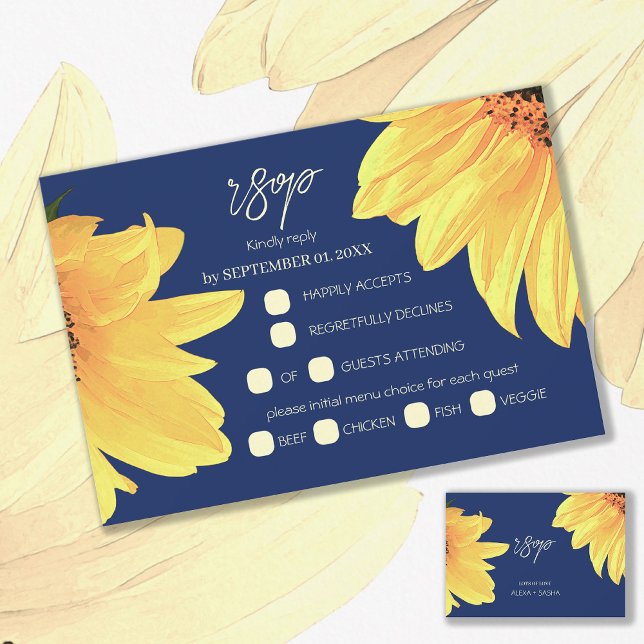 Wasserfarbe Sonnenblumen dunkelblaue Hochzeit RSVP Karte (Von Creator hochgeladen)