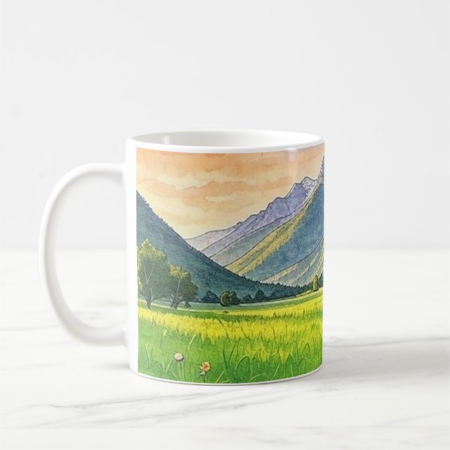 Wasserfarbe Sonnenuntergang Berg Landschaft Tasse (Links)