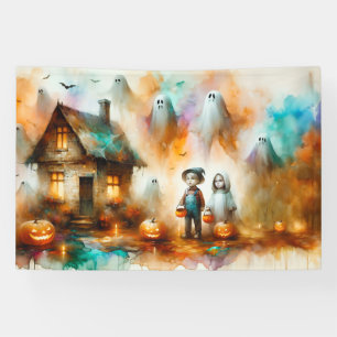 Wasserfarbe Spooky Halloween Szene Banner