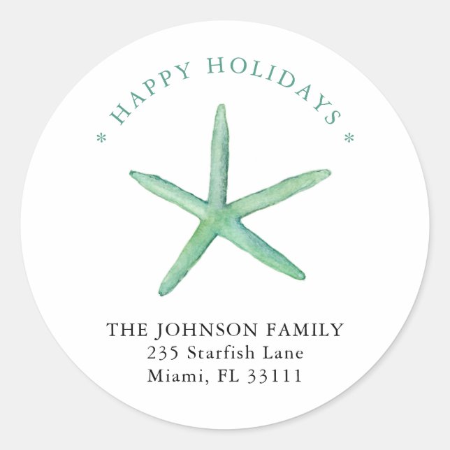 Wasserfarbe Starfish Happy Holiday Adresse Runder Aufkleber (Vorderseite)